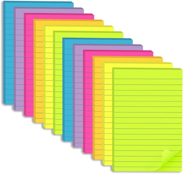 (12 Pack) Lined Sticky Notes 4x6 in,Bright Large Notepads with Lines | Ruled Stickies Super Sticking Power,Office School Memo Note Pads,Post on Windows Doors,Recyclable,Easy to Write on