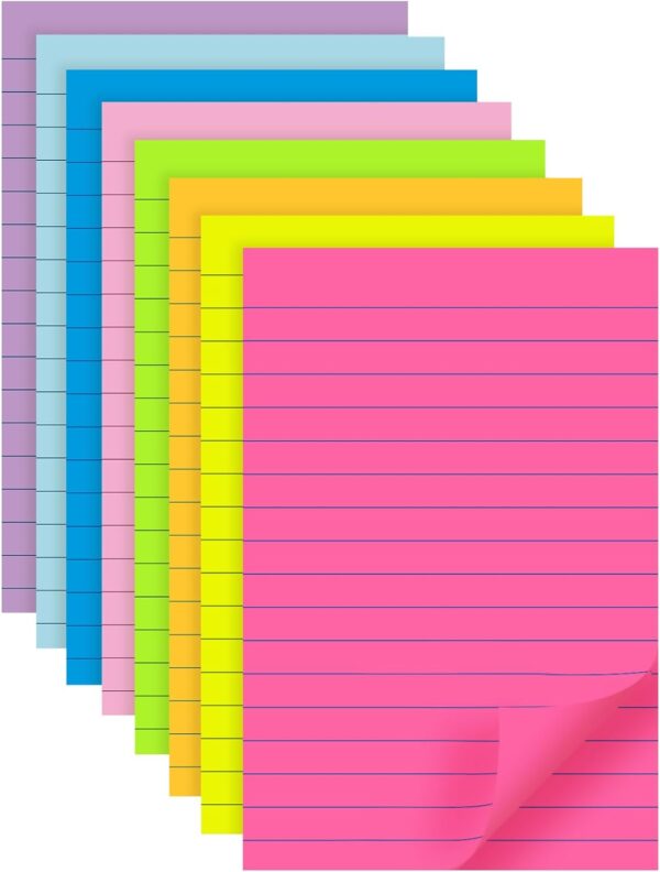 8 Pack Lined Sticky Notes 4x6 in, 8 Bright Colors, Self Stick Note Pads, Super Sticky, 40 Sheets/Pad, for Office, Home & School