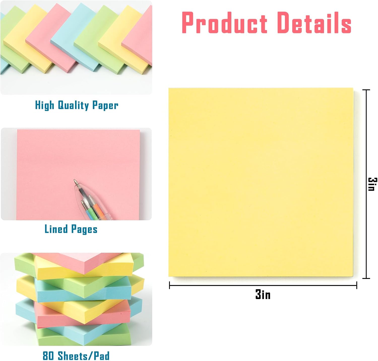 Sticky Notes 3x3 Inches Bulk 36 Pack 3600 Sheets Colored Self Stick Pads, 100 Sheets/Pad, 4 Bright Colors (Yellow, Green, Pink, Blue) for Office Supplies, School, Home Image 2