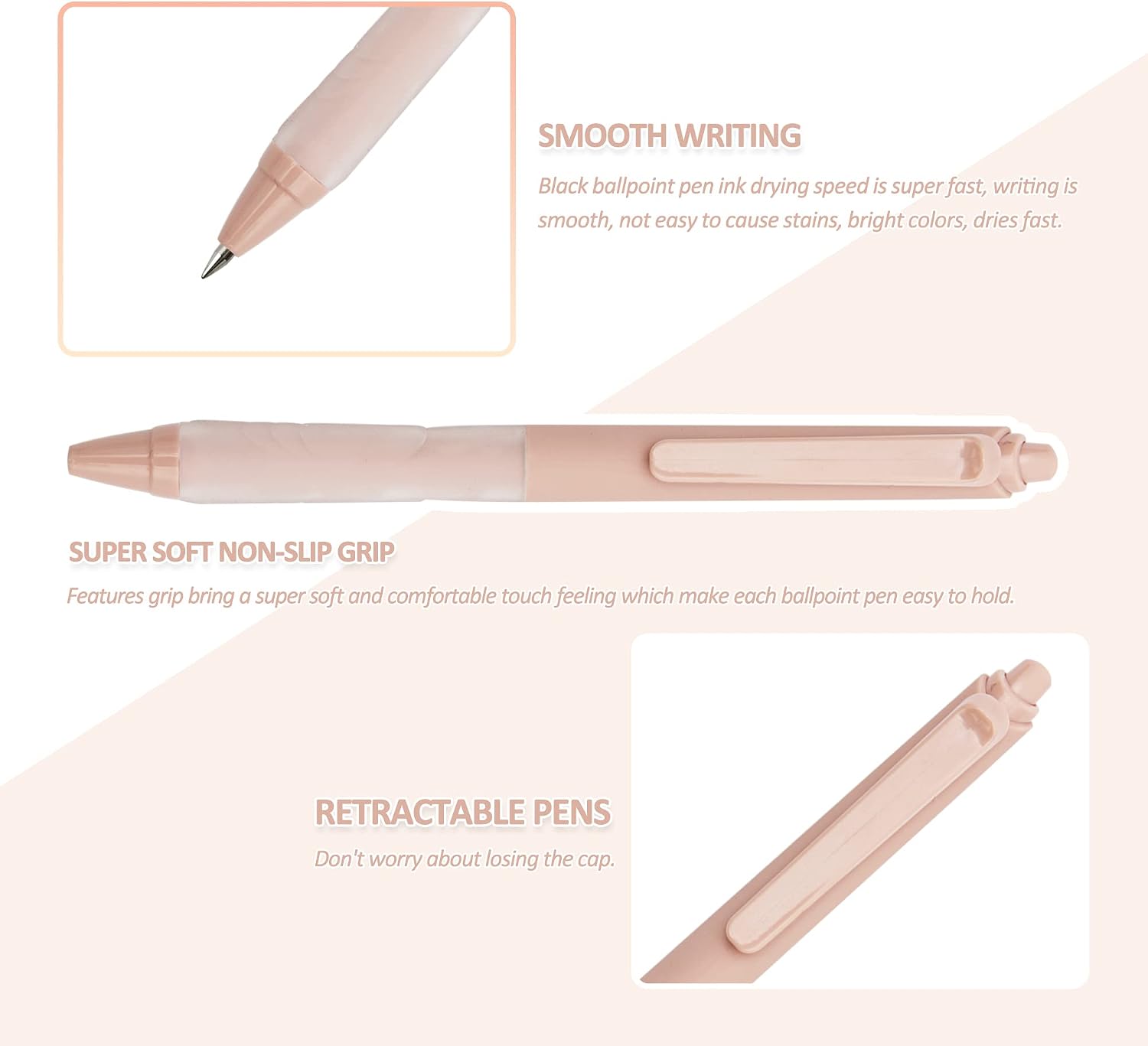 Ballpoint Pens 1 0mm Medium Point Black Ink Pens Retractable | Cute Pens Ballpoint Smooth Writing Pens with Super Soft Grip for Nurses Teachers (6 pack) Image 2
