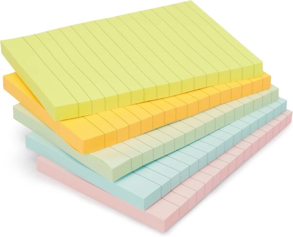Lined Sticky Notes, 4x6" Self Stick Pads with Clean Removal Adhesive for To Do List, Home, Office, Notebook, Assorted Colors, 100 Sheets/Pad, Pack of 5
