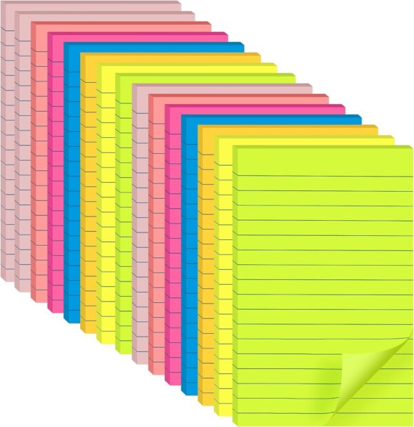 Lined Sticky Notes 4 x 6 Inches, 15 Pads, 375 Sheets Total, 7 Bright Colors, Self Stick Note Pads with Strong Adhesive, Large Rectangular Sticky Notes for Office, Home, School & Meetings