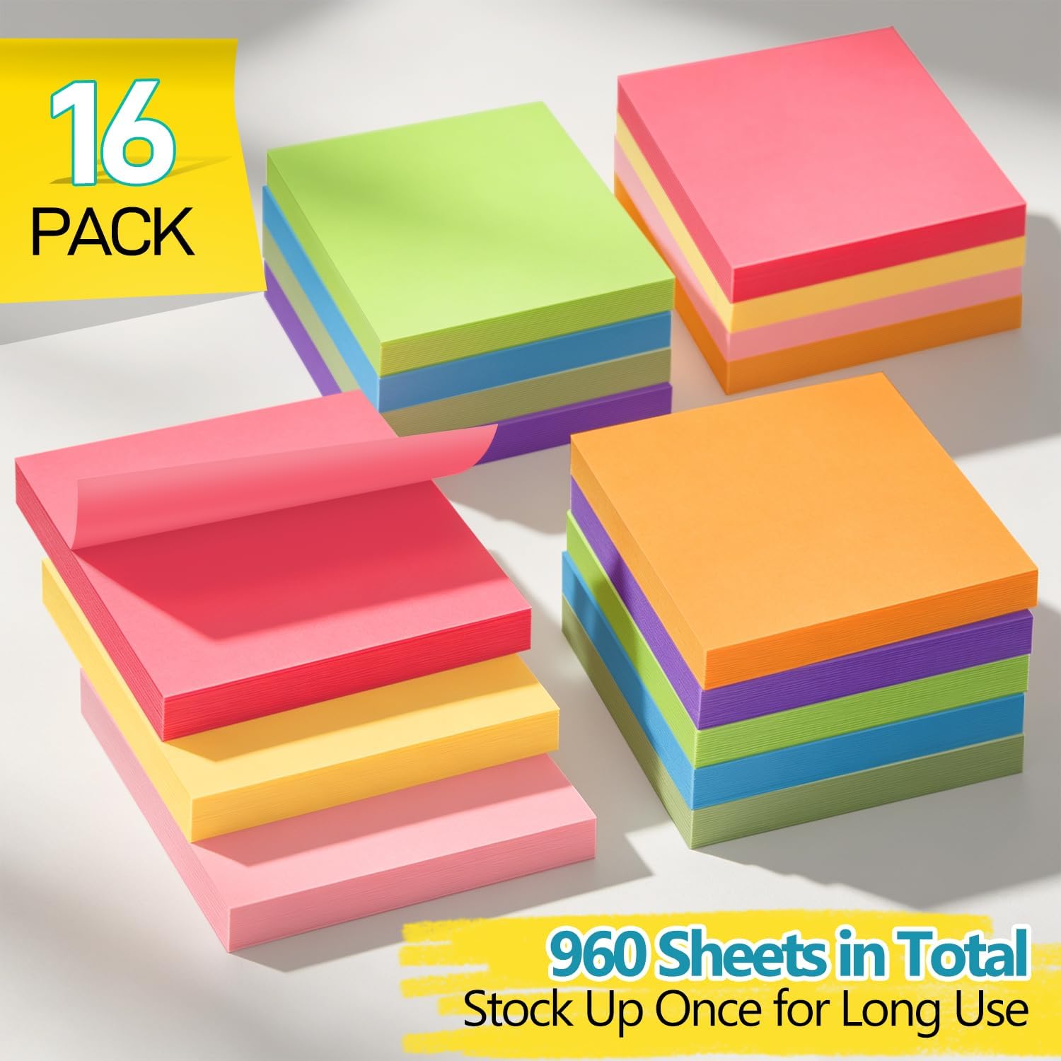 16 Pack of 3x3 Inch Sticky Notes Self Stick Memo Pads 960 Sheets in Total! Great for Home, Office & School Image 2