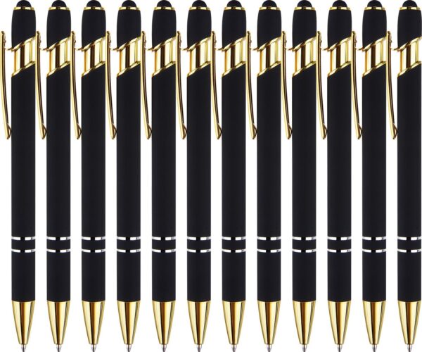 12 Pack Nice Black Pens Ballpoint Pens Stylus Pen for Touchscreen | 1 0mm Smooth Writing Black Ink Pen, Metal Gold Ballpoint Pen with Stylus Tip