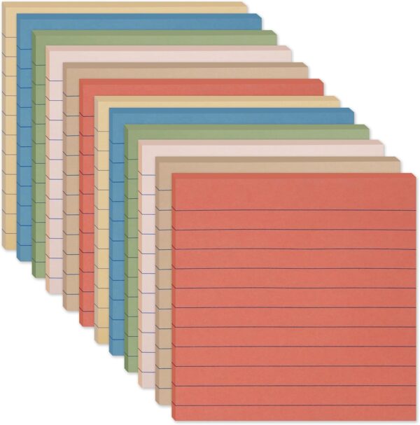 (12 Pack) Lined Sticky Notes 4x4 in, 6 Vintage Colors Self Stick Note Pads | Super Sticking Power Memo Pads, 4x4 Large Square Sticky Notes for Office, Home, School, Meeting