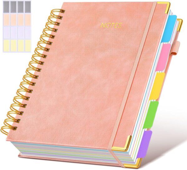 Hardcover Spiral Notebook Journal with Removable Dividers Tabs, 300 Pages Leather 5 Subject Notebook College Ruled, 8"x10" Large B5 Notebooks for Work School Note taking, Lined Journal for Women, Pink